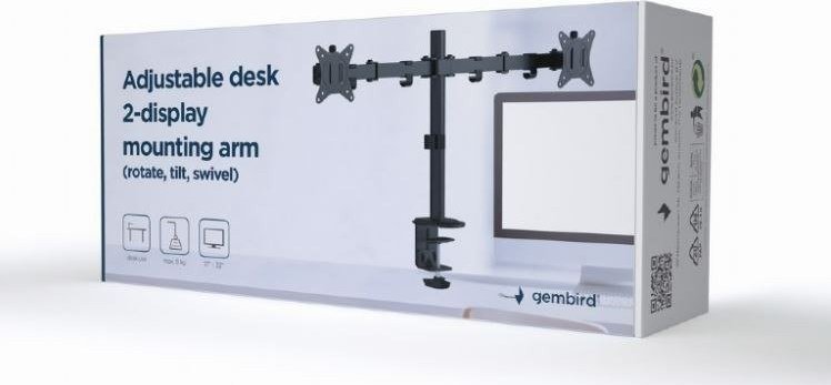 Држач за биро со 2 монитори Gembird (MA-D2-01), 17" - 32", црна