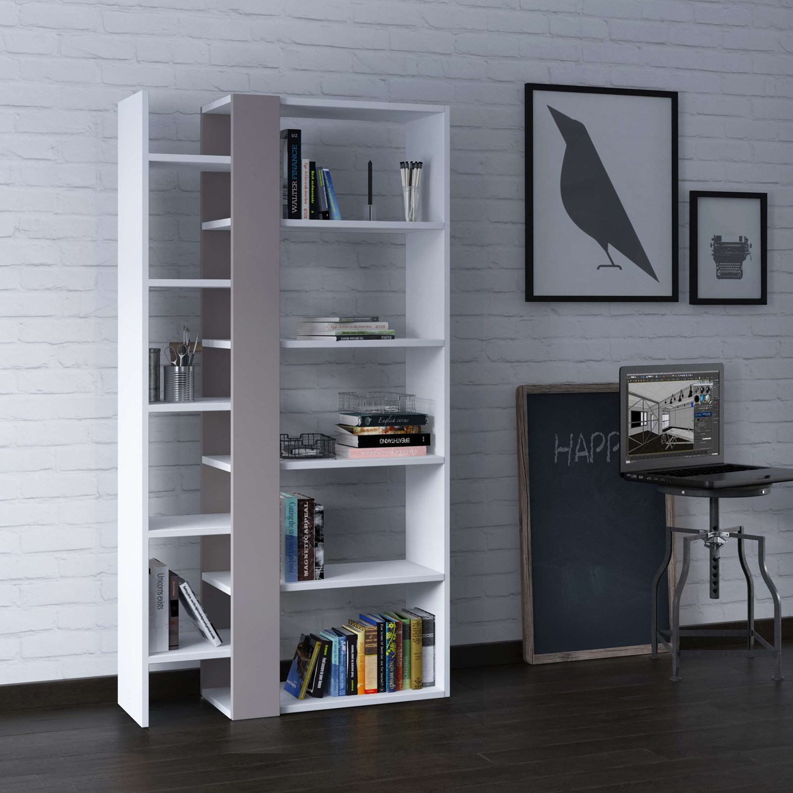 Raft për Libra Decortie Lift,  hiri / bardhë (80x29x151 cm)