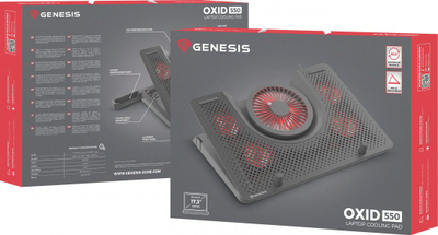 Stendë për ftohje Genesis Oxid 550 për laptop 15.6-17.3", 5 ventilator, dritë të pasme, 1 USB (NHG-1411),e zezë, plastike