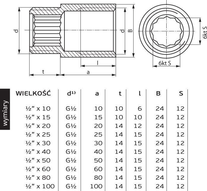 Perfexim Chrome Месинг Продолжување, 1/2   x 20 mm