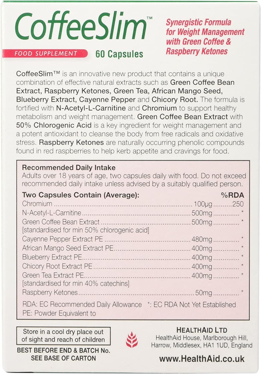 Kapsula CoffeeSlim (për menaxhimin e peshës trupore) nga HealthAid, 60 copë