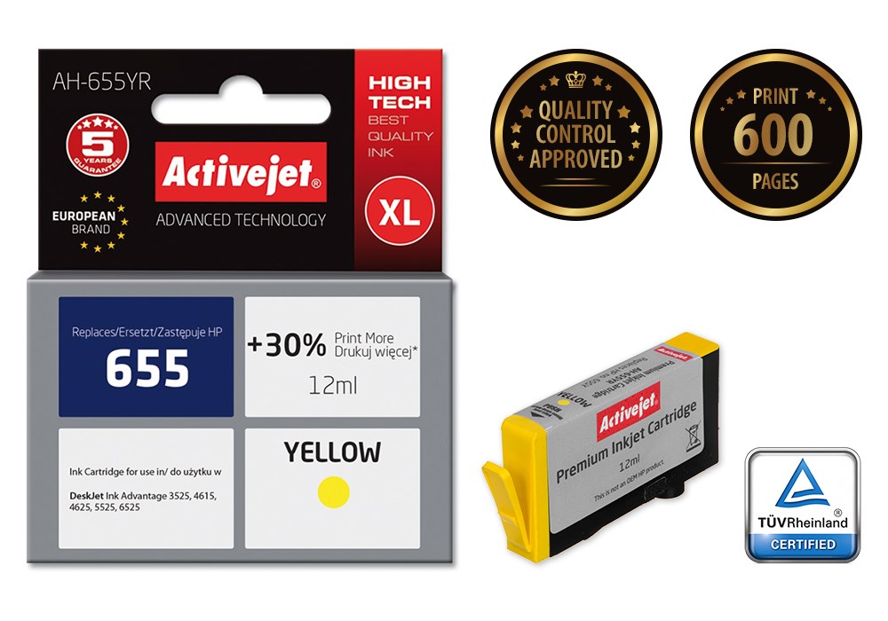 Ngjyrë për printer Activejet AH-655YR (zëvendësim për HP 655 CZ112AE), 12 ml, e verdhë