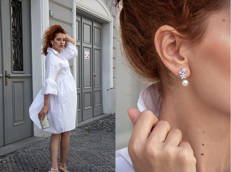 JwL Luxury Pearls Асиметрични Двојни Обетки со Вистински Бел Бисер (JL0260)
