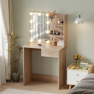 Tavolinë grimi me dritë LED dhe rafte Lauryn Melaminë 75x40x134.5Hcm (HM2501.01)