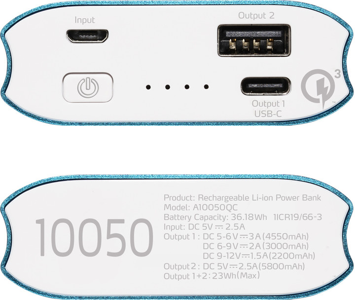 Powerbank ADATA A10050QC, 10,050 mAh, i kaltër