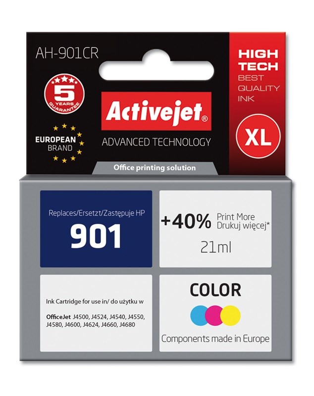 Ngjyrë për printer Activejet AH-901CR (zëvendësim për HP 901 CC656AE), 21 ml, e kaltër / vjollcë /  e verdhë