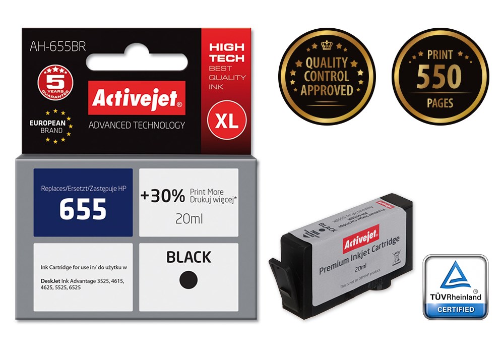 Ngjyrë për printer Activejet AH-655BR (zëvendësim për HP 655 CZ109AE), 20 ml, e zezë