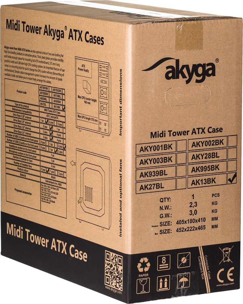 Куќиште за компјутер Akyga AK13BK, Midi Tower