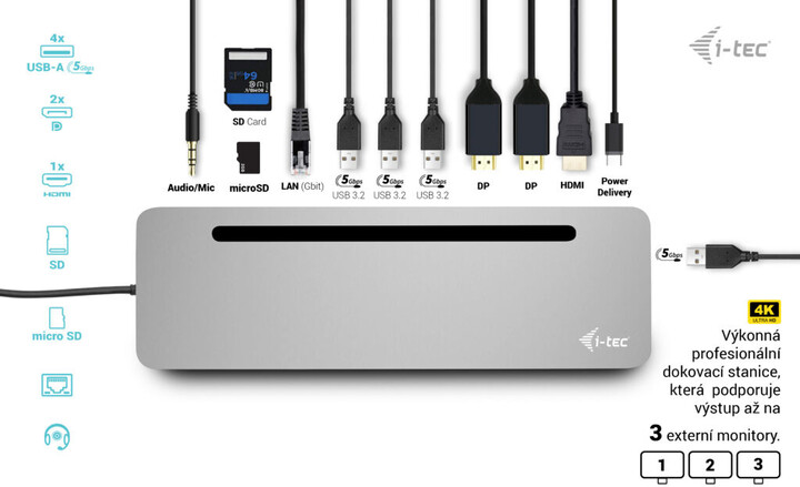 Docking Station i-tec USB-C Metal Ergonomic, 3x 4K Display, PD 100W