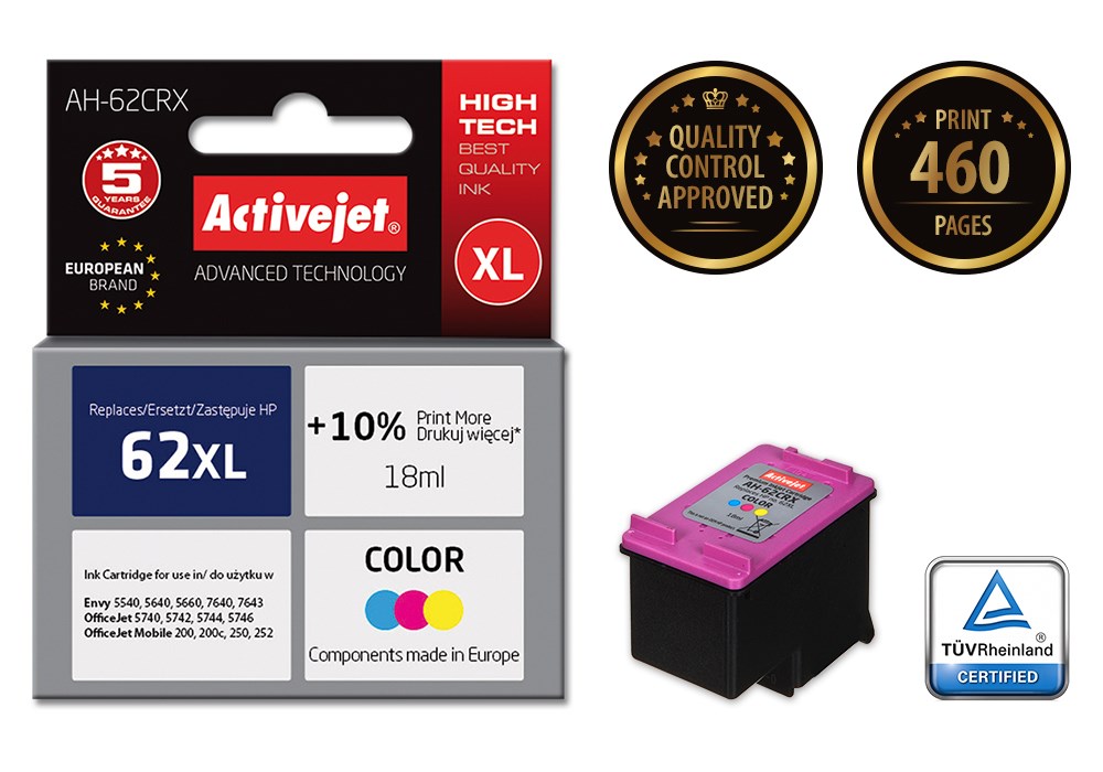 Ngjyrë për printer Activejet AH-62CRX (zëvendësim për HP 62XL C2P07AE), 18 ml, e kaltër / vjollcë /  e verdhë
