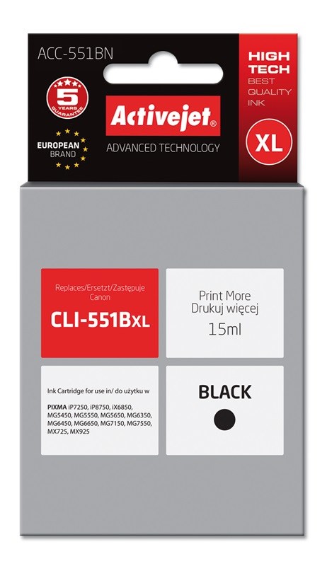 Ngjyrë për printer Activejet ACC-551BN (zëvendësim për Canon CLI-551Bk), 15 ml, e zezë