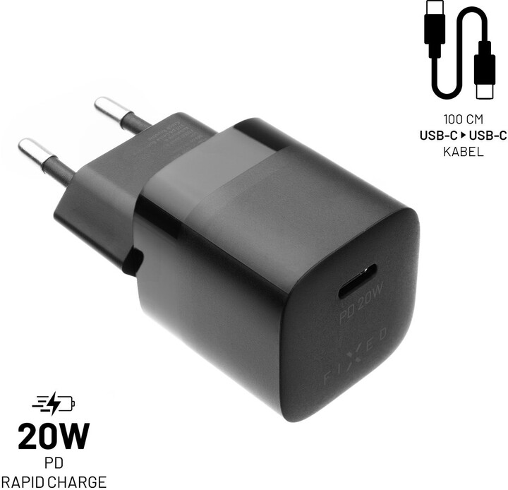 Karikues FIXED Mini me USB-C, PD, 20W, i zi + kabllo USB-C - USB-C, 1m, e zezë