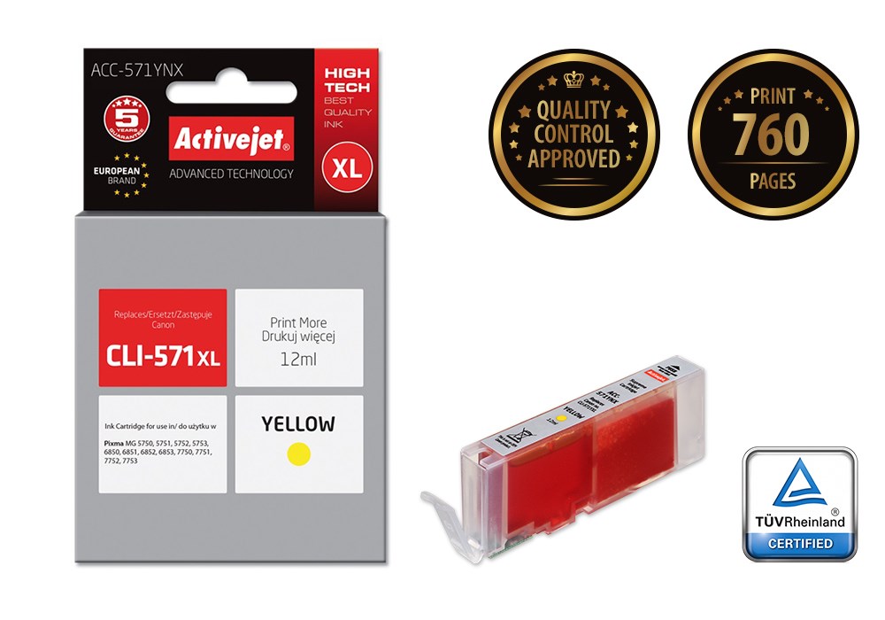 Ngjyrë për printer Activejet ACC-571YNX (zëvendësim për Canon CLI-571Y XL), 12 ml, e verdhë