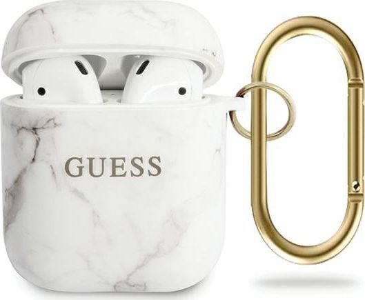 Mbrojtëse Guess Marble Collection për Apple AirPods, e bardhë / zezë