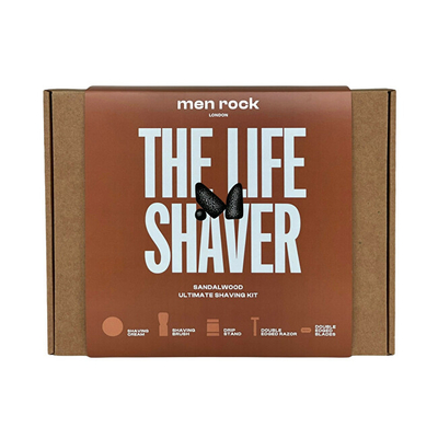 Set rroje Men Rock London The Life Shaver - krem rroje 100 g + makinë rroje + 5 tehe rezervë + 5 brisqe + furçë rroje