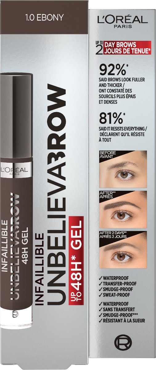 Xhel për vetulla L’Oreal Infaillible 48H, 1.0 Ebony, 3.4 ml