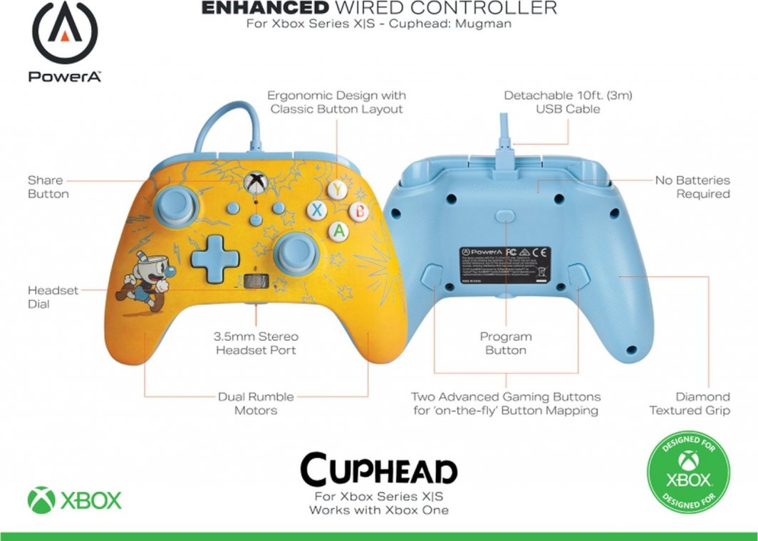 Kontroller PowerA XS Enhanced Cuphead, me kabllo, i verdhë