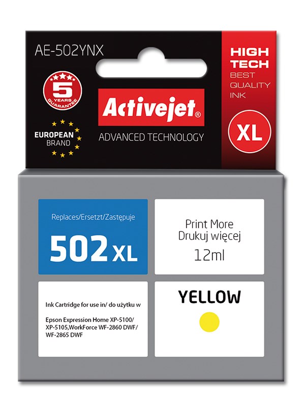 Ngjyrë për printer Activejet AE-502YNX (zëvendësim për Epson 502XL W44010), 12 ml, e verdhë Ngjyrë për printer Activejet AE-502YNX (zëvendësim për Epson 502XL W44010), 12 ml, e verdhë