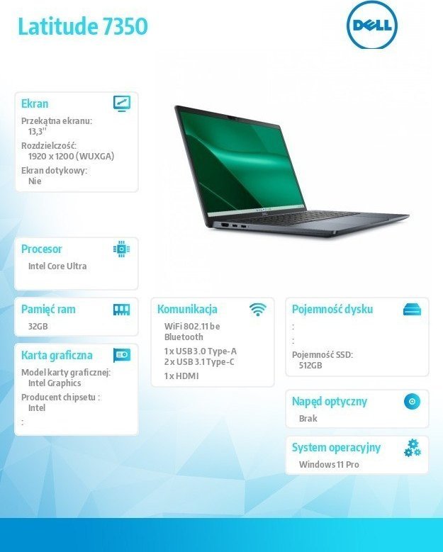 Laptop Dell Latitude 7350, 13.3", Ultra 7 165U, 32GB RAM, 512GB SSD,
