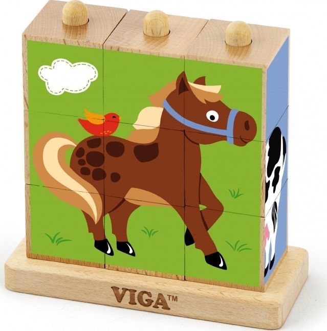 Lodër blloqe puzzle Viga Farm, 9 elemente