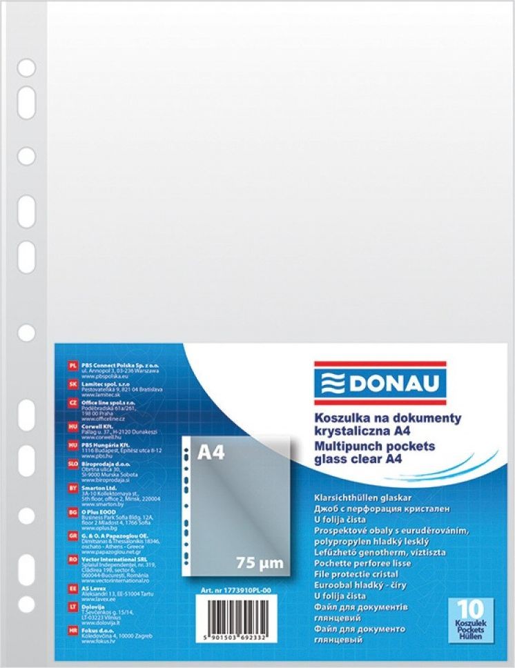 DONAU Перфорирани џебови, A4, Кристално чисти, 75 микрони, 10 парчиња