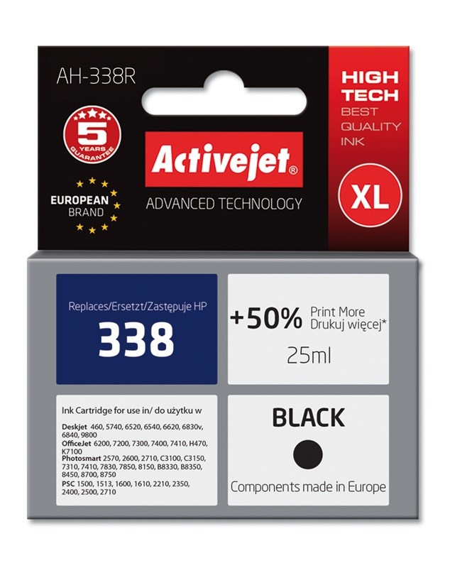 Ngjyrë për printer Activejet AH-338R (zëvendësim për HP 338 C8765EE), 25 ml, e zezë Ngjyrë për printer Activejet AH-338R (zëvendësim për HP 338 C8765EE), 25 ml, e zezë