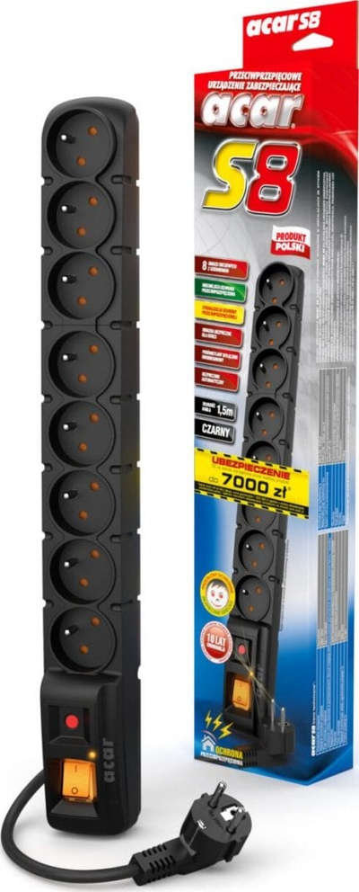 Kabllo zgjatëse Acar S8 (W0147), me mbrojtje nga mbitensioni, 8 priza, 1.5m, e zezë