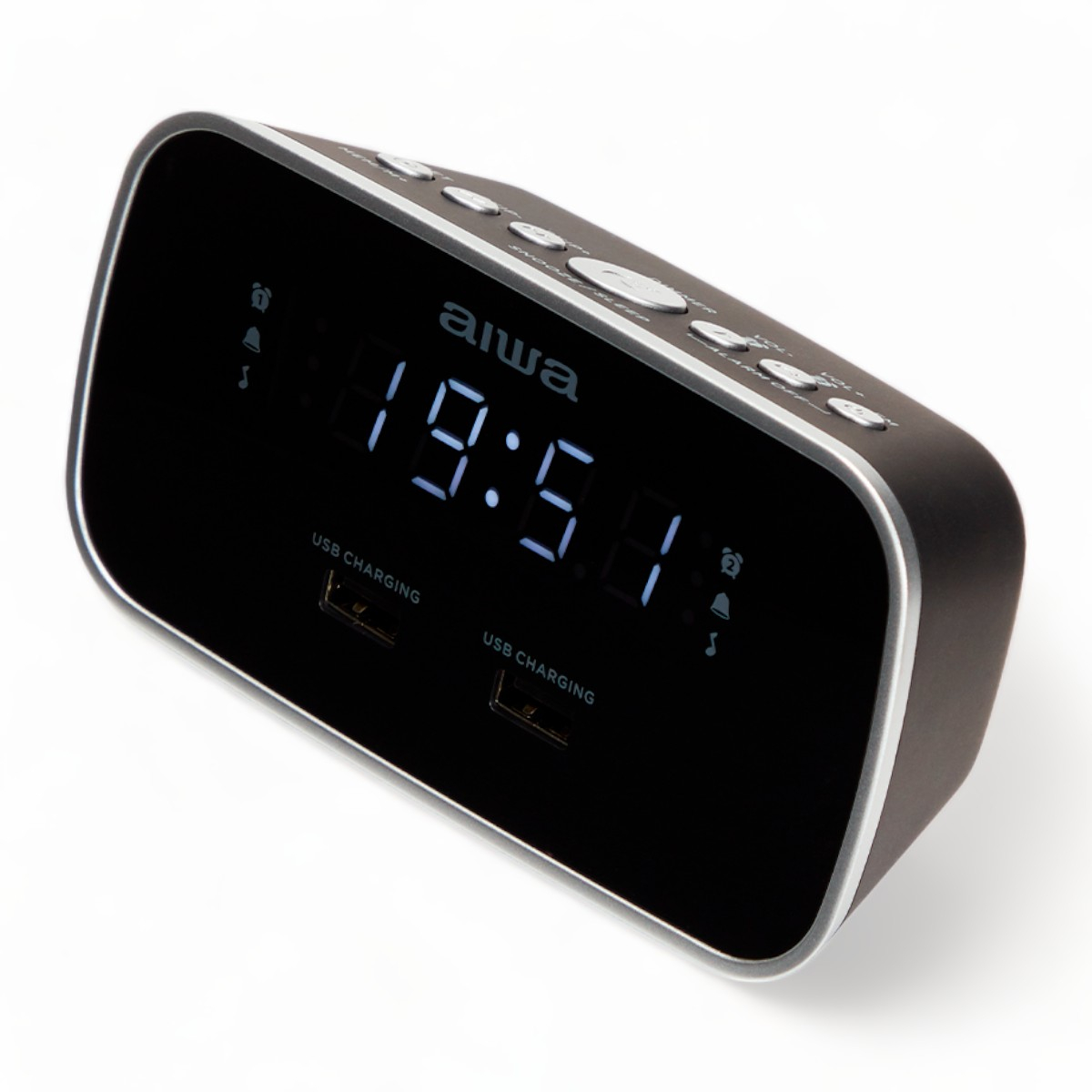 Orë Zgjuese me Radio FM, Dy Alarme dhe Mbushes USB AIWA CRU-19BK