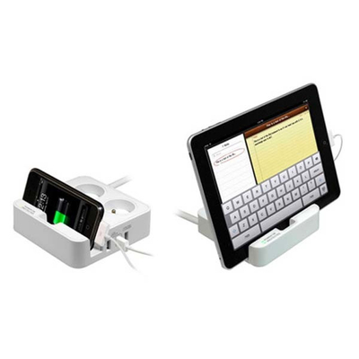 Kabllo vazhduese Logo me mbajtëse telefoni, 2 priza, 3 x USB, e bardhë