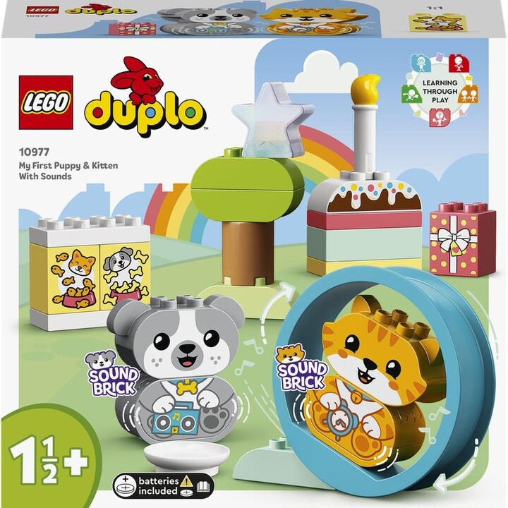 Комплет играчки LEGO® DUPLO® 10977 Моето прво кученце и маче што прават звуци, 22 парчиња