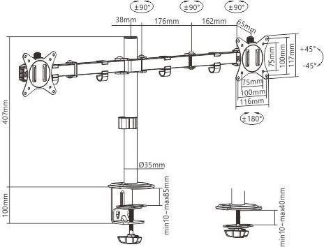 Држач за биро со 2 монитори Gembird (MA-D2-01), 17" - 32", црна