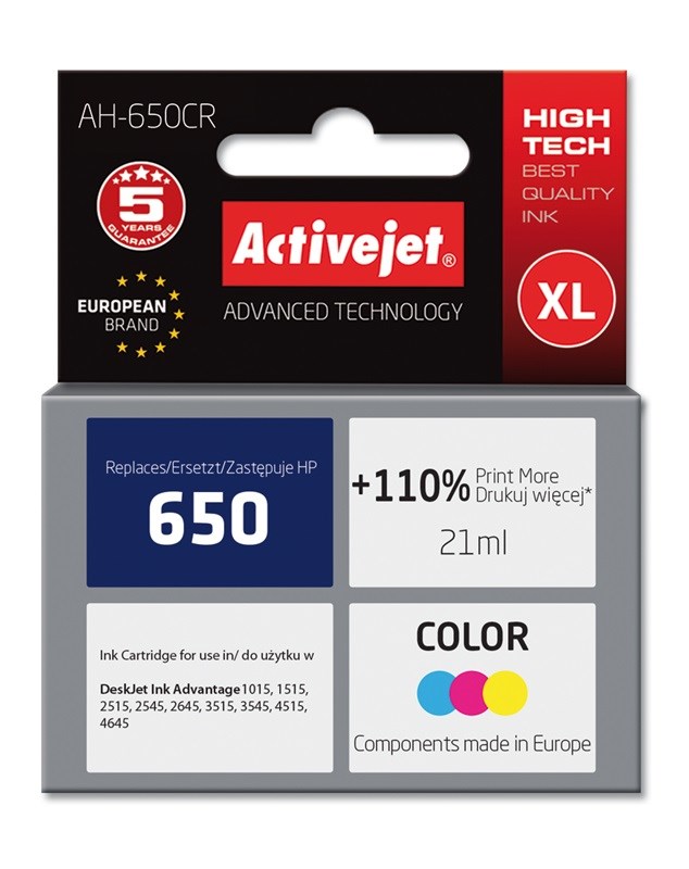 Ngjyrë për printer Activejet AH-650CR (zëvendësim për HP 650 CZ102AE), 21 ml, e kaltër / vjollcë / e verdhë Ngjyrë për printer Activejet AH-650CR (zëvendësim për HP 650 CZ102AE), 21 ml, e kaltër / vjollcë / e verdhë