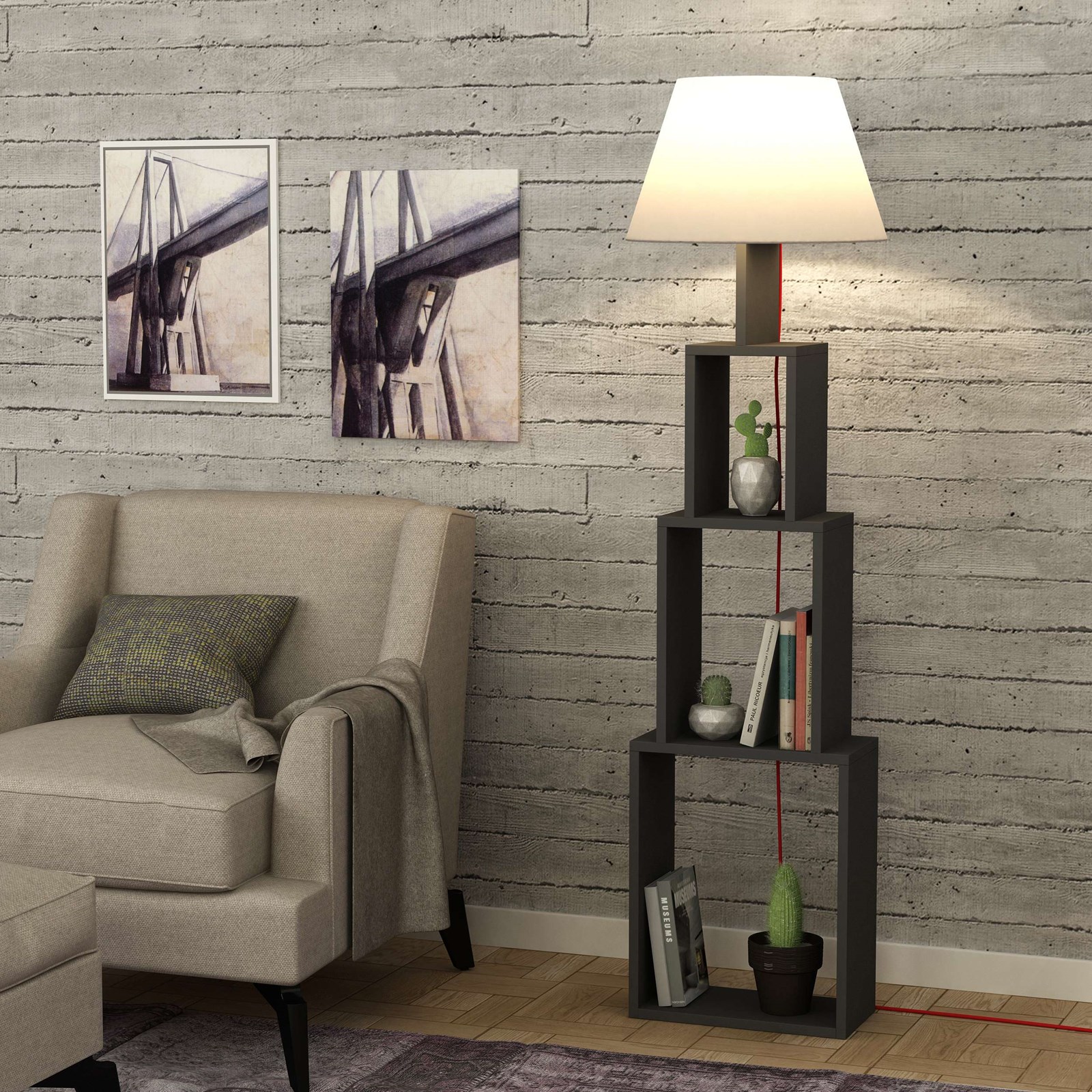 Llambë dyshemeje Decortie Tower 168cm, hiri / kafe e hapur
