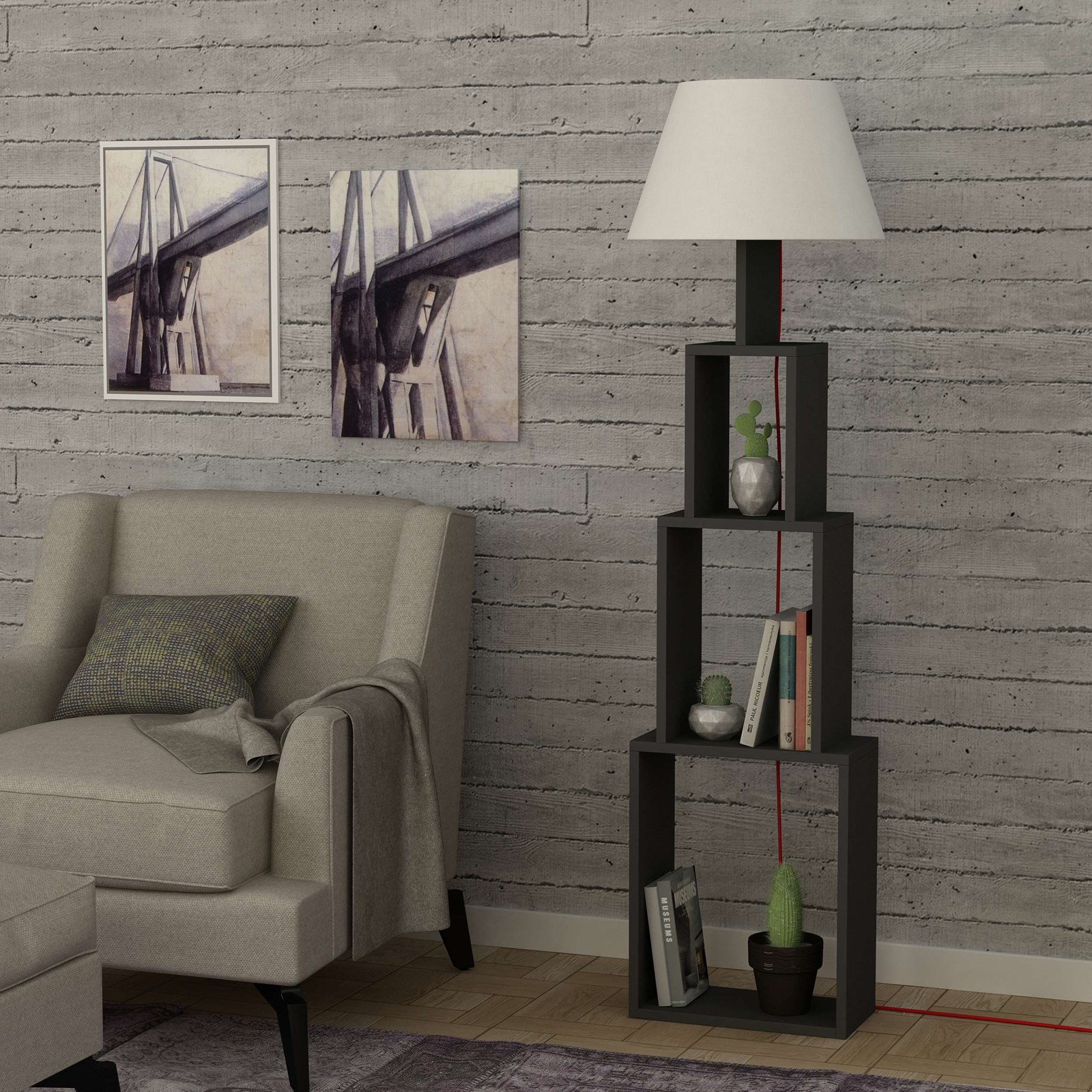Llambë dyshemeje Decortie Tower 168cm, hiri / kafe e hapur