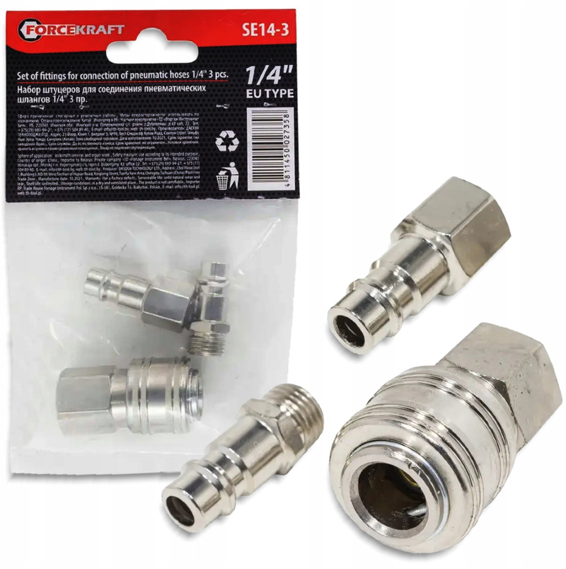 Set kuplungash të shpejta pneumatike FORCEKRAFT, 1/4", 3 copë, çelik