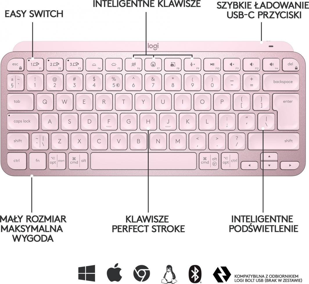 Logitech MX Keys Mini Безжична Осветлена Тастатура, Rose