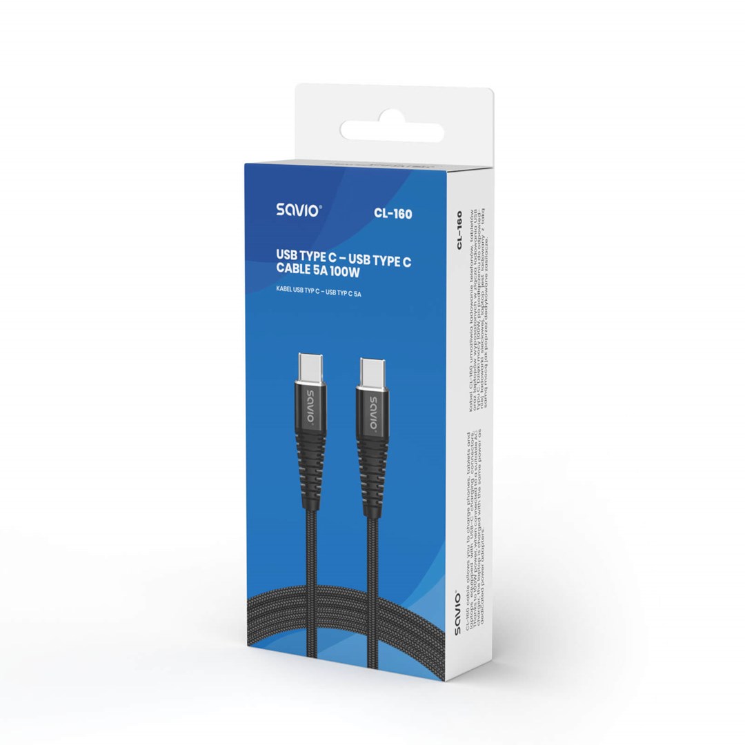 Kabllo Savio, USB C / USB C, 2 m, e zezë