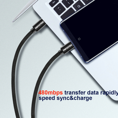 Kabllo tekstili Swissten USB-C / USB-C, 1.2m, e zezë