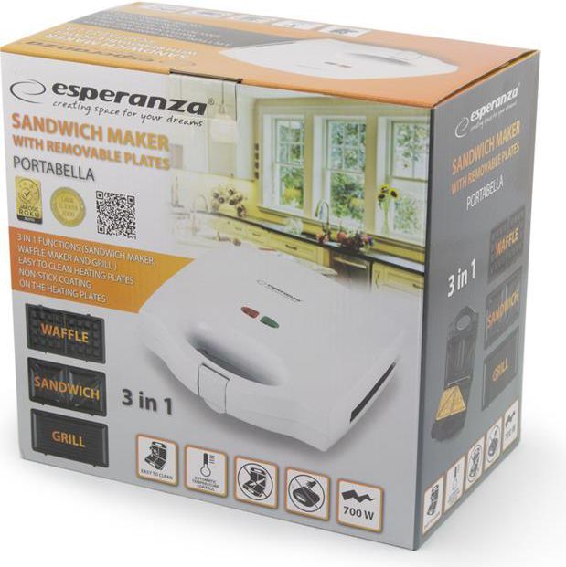 Toster Esperanza Portabella Muffuleta EKT006W, 700W, i bardhë