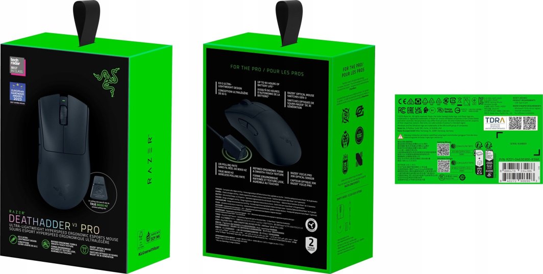 Razer DeathAdder V3 Pro Mouse + HyperPolling Dongle (RZ01-04630300-R3WL), црно
