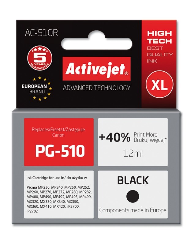Ngjyrë për printer Activejet AC-510R (zëvendësim për Canon PG-510), 12 ml, e zezë Ngjyrë për printer Activejet AC-510R (zëvendësim për Canon PG-510), 12 ml, e zezë