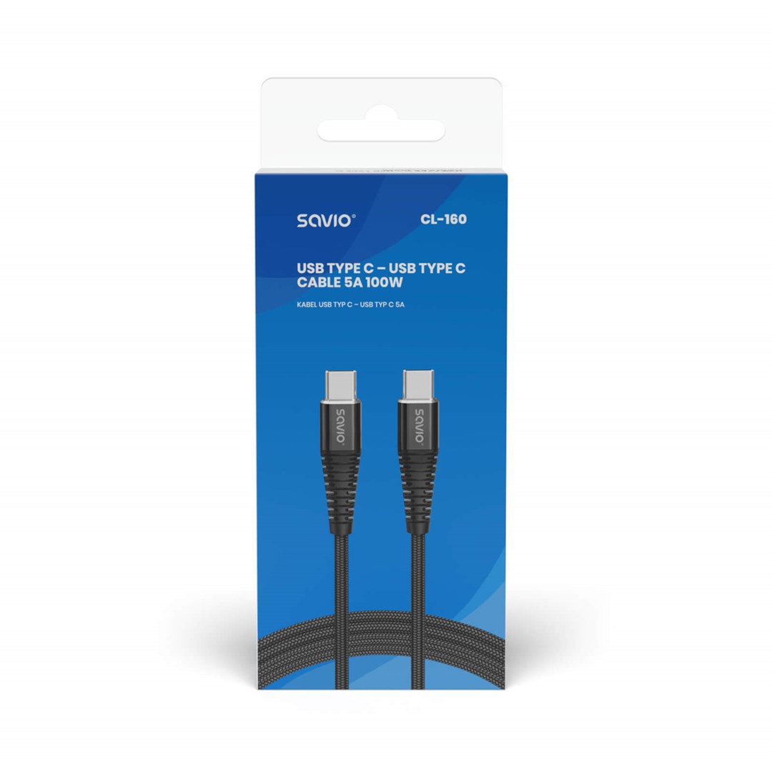 Kabllo Savio, USB C / USB C, 2 m, e zezë