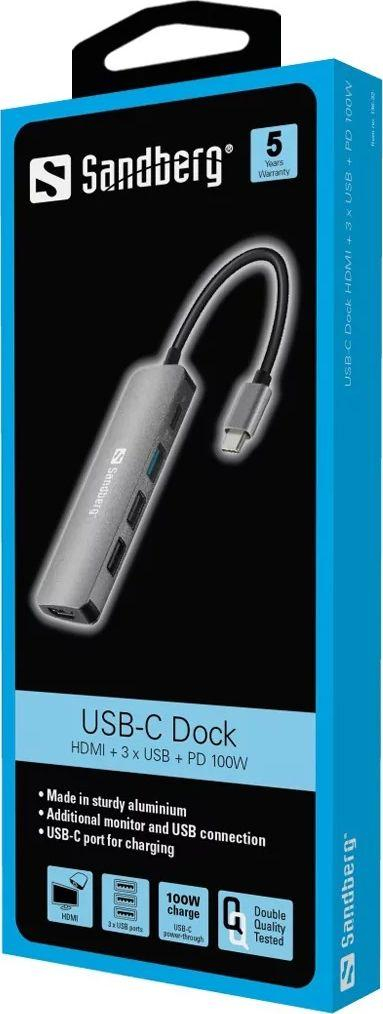 Replikator i portit / Stacion Sandberg Mini Dock USB-C, i hirtë