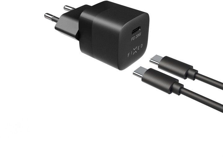 Karikues FIXED Mini me USB-C, PD, 20W, i zi + kabllo USB-C - USB-C, 1m, e zezë