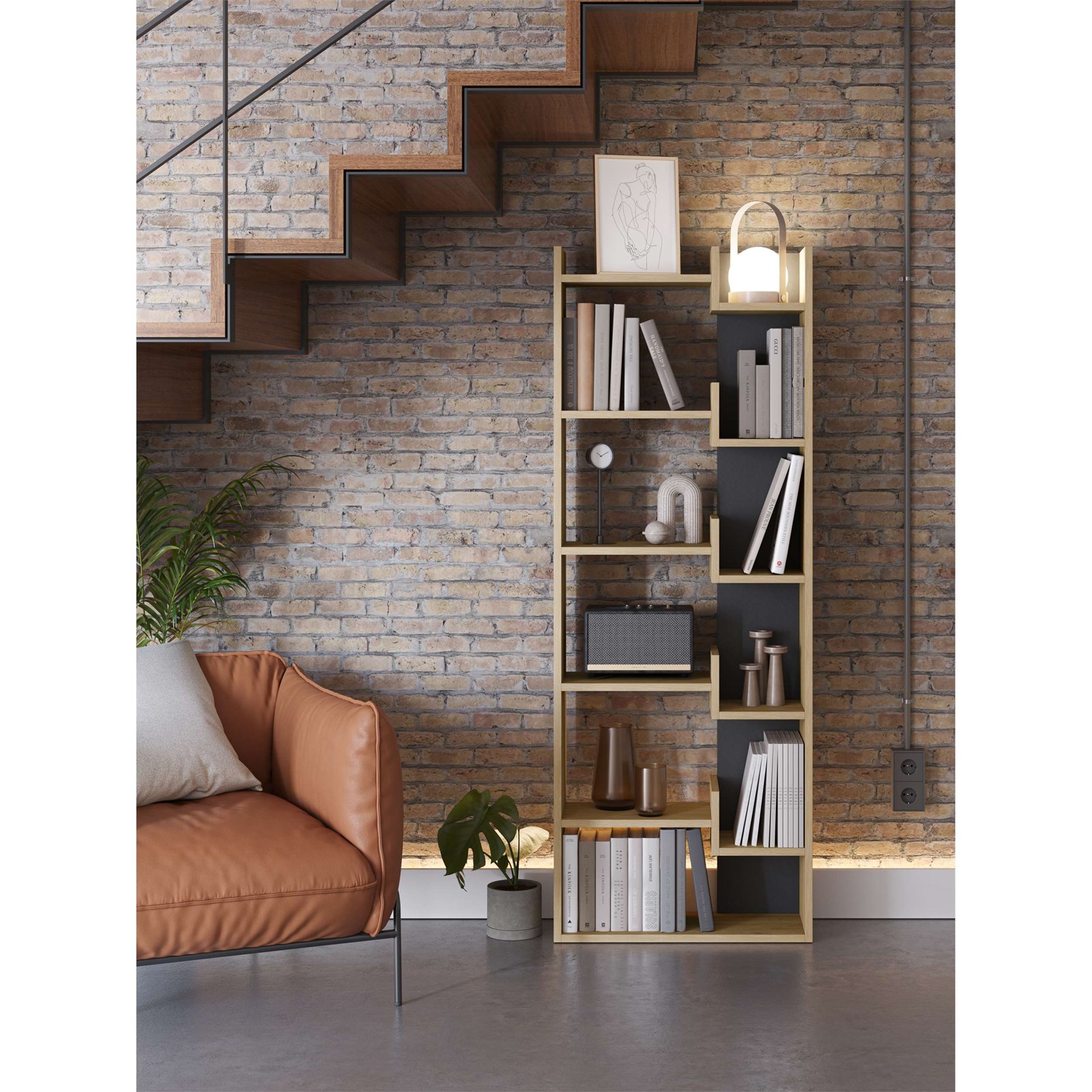 Raft për libra Decortie Oppa 69 x 22 x 162cm, kafe e hapur / zezë