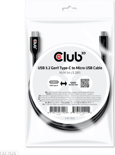 Kabllo USB Club 3D USB-C - microUSB, 1m, e zezë