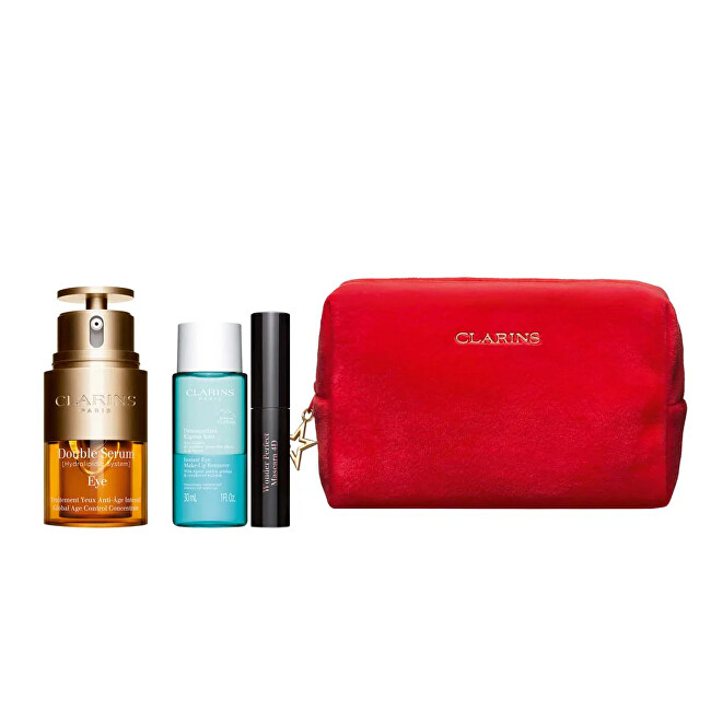 Set për sy Clarins Double Serum Eye Collection, serum rinues për sy 20 ml + largues dyfazësh grimi për sy 30 ml + maskarë për qerpikë 3 ml + çantë kozmetike