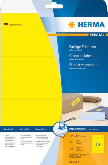 Etiketa me ngjyra Herma (5058), A4, 280 copë, të verdha mat