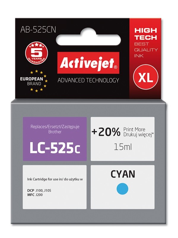Ngjyrë për printer Activejet AB-525CN (zëvendësim për Brother LC525C), 15 ml, e kaltër Ngjyrë për printer Activejet AB-525CN (zëvendësim për Brother LC525C), 15 ml, e kaltër