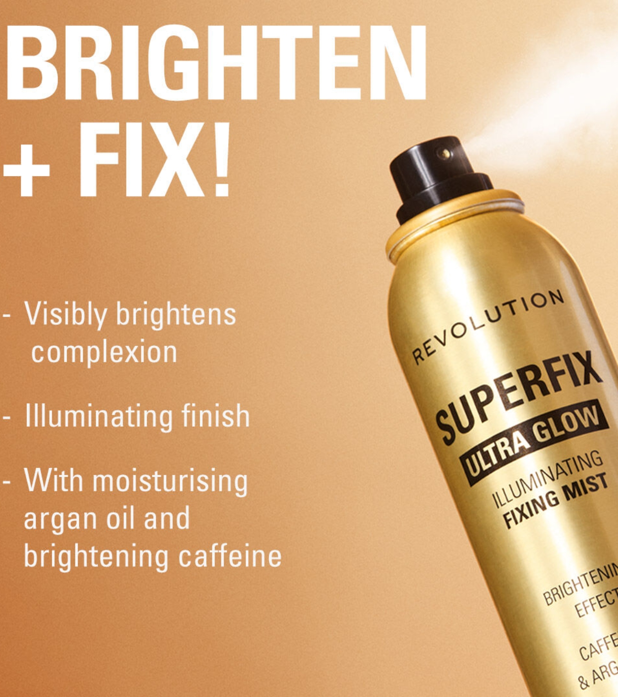 Fiksues për grim Revolution Spray Superfix Ultra Glow, Caffeine & Argan oil, 150ml